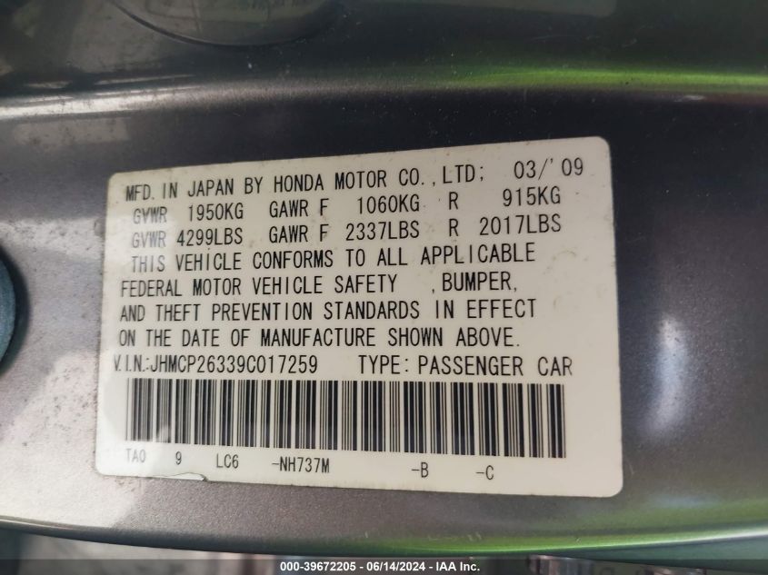 2009 Honda Accord 2.4 Lx VIN: JHMCP26339C017259 Lot: 39672205
