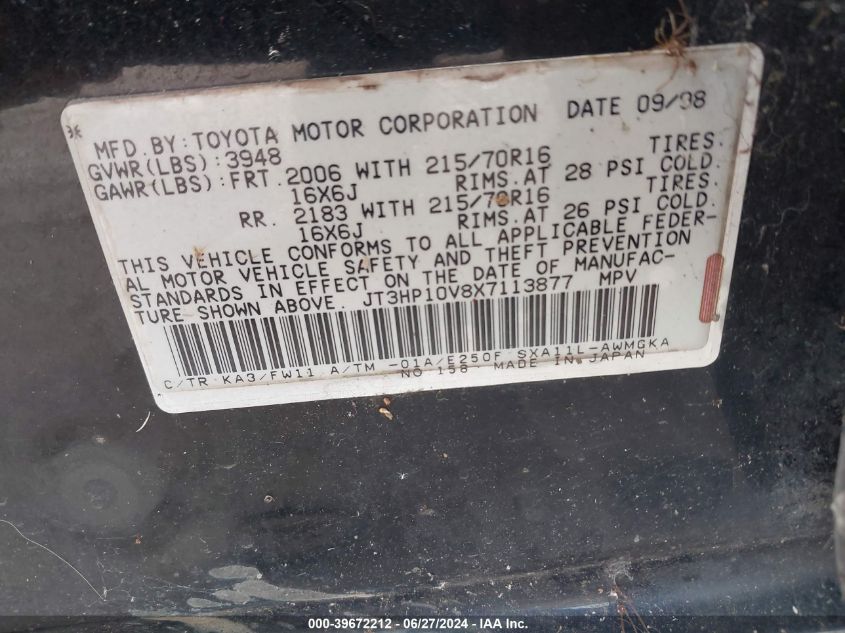 1999 Toyota Rav4 VIN: JT3HP10V8X7113877 Lot: 39672212