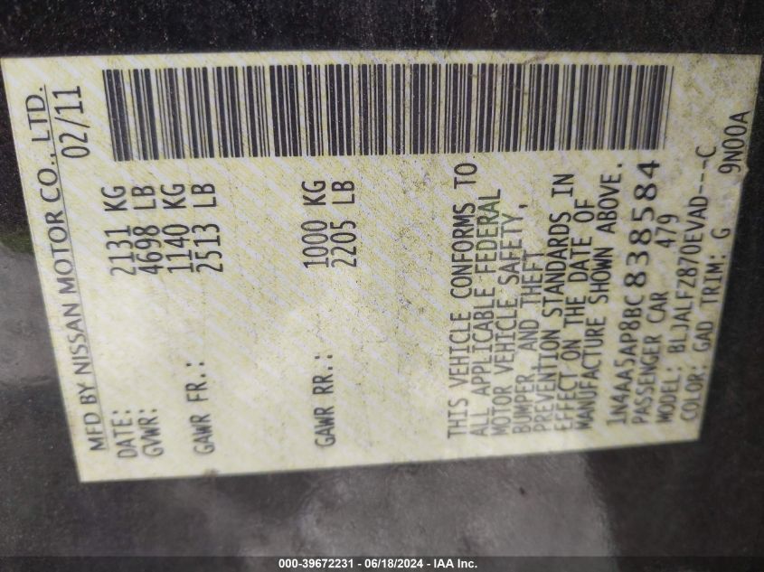 2011 Nissan Maxima 3.5 Sv VIN: 1N4AA5AP8BC838584 Lot: 39672231