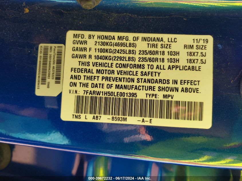 2020 Honda Cr-V 2Wd Ex VIN: 7FARW1H50LE001395 Lot: 39672232