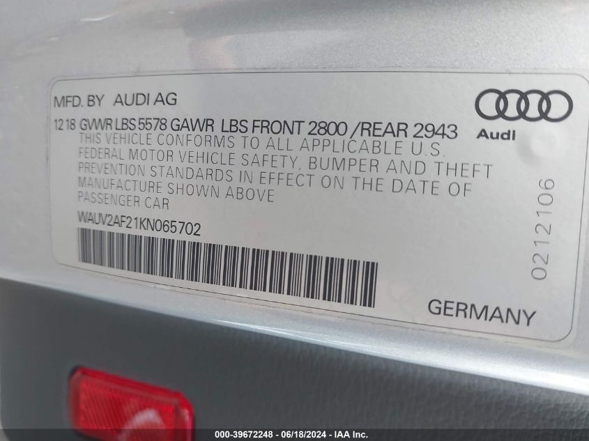 2019 AUDI A7 55 PREMIUM - WAUV2AF21KN065702