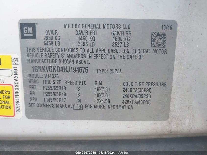 2017 Chevrolet Traverse 1Lt VIN: 1GNKVGKD4HJ194676 Lot: 39672255