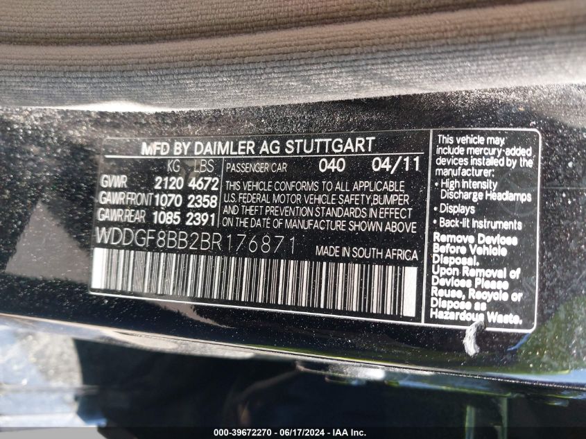 2011 Mercedes-Benz C 300 Luxury 4Matic/Sport 4Matic VIN: WDDGF8BB2BR176871 Lot: 39672270