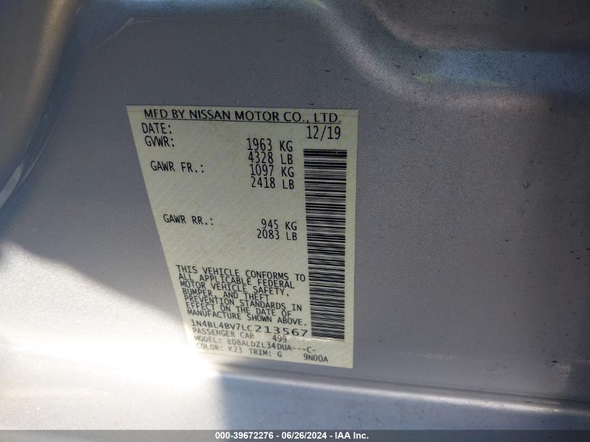 2020 Nissan Altima S Fwd VIN: 1N4BL4BV7LC213567 Lot: 39672276