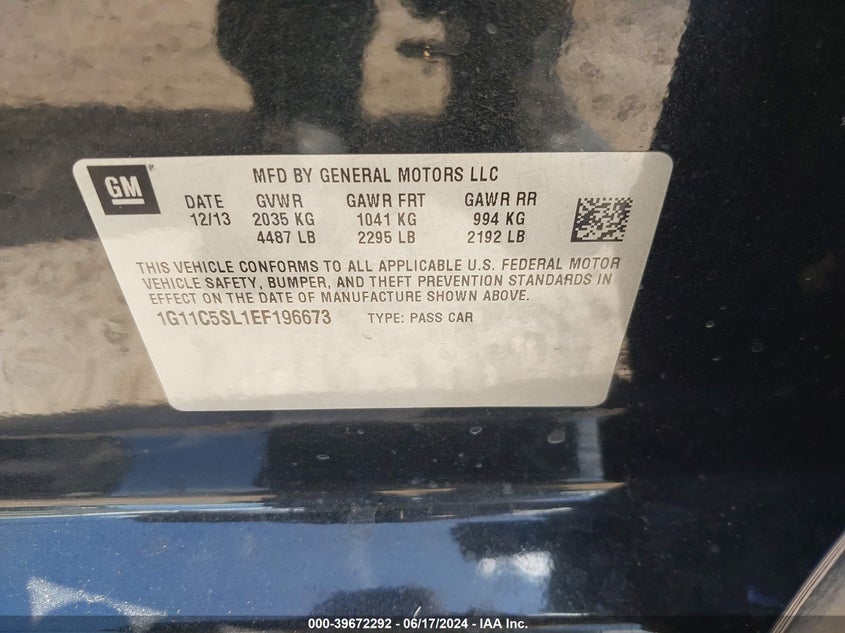 2014 Chevrolet Malibu 1Lt VIN: 1G11C5SL1EF196673 Lot: 39672292