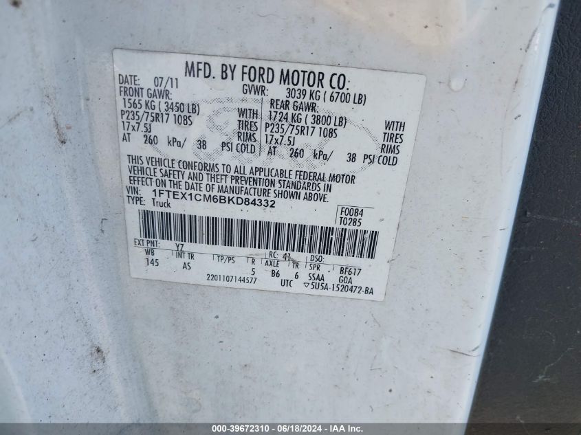 2011 Ford F-150 Xl VIN: 1FTEX1CM6BKD84332 Lot: 39672310