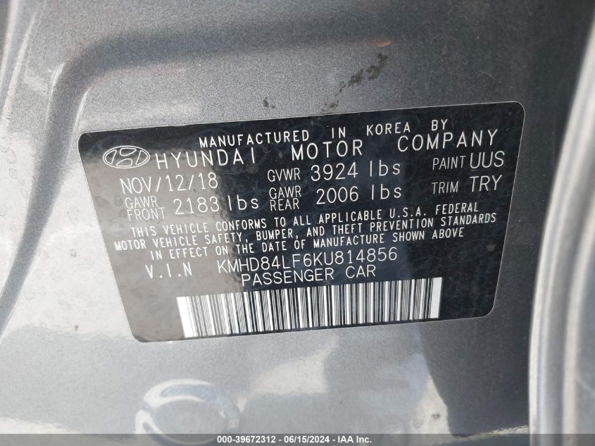 2019 Hyundai Elantra Sel VIN: KMHD84LF6KU814856 Lot: 39672312