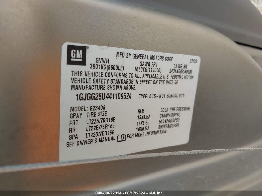 2004 GMC Savana Standard VIN: 1GJGG25U441109524 Lot: 39672314