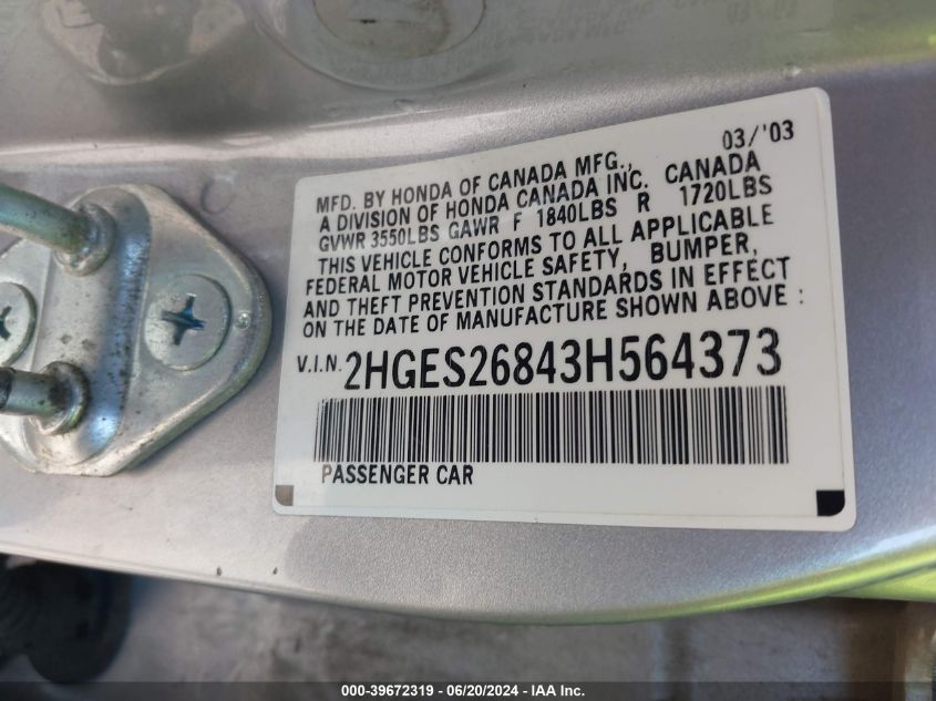 2003 Honda Civic Ex VIN: 2HGES26843H564373 Lot: 39672319