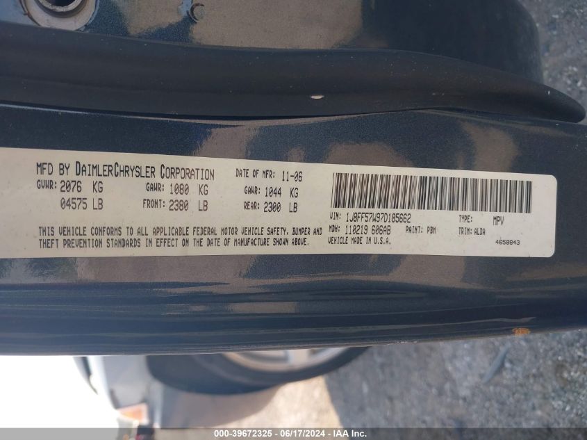 2007 Jeep Compass Limited VIN: 1J8FF57W97D185662 Lot: 39672325