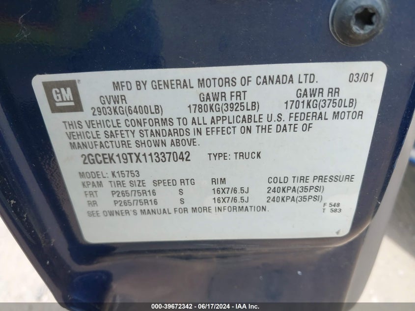 2001 Chevrolet Silverado 1500 Lt VIN: 2GCEK19TX11337042 Lot: 39672342