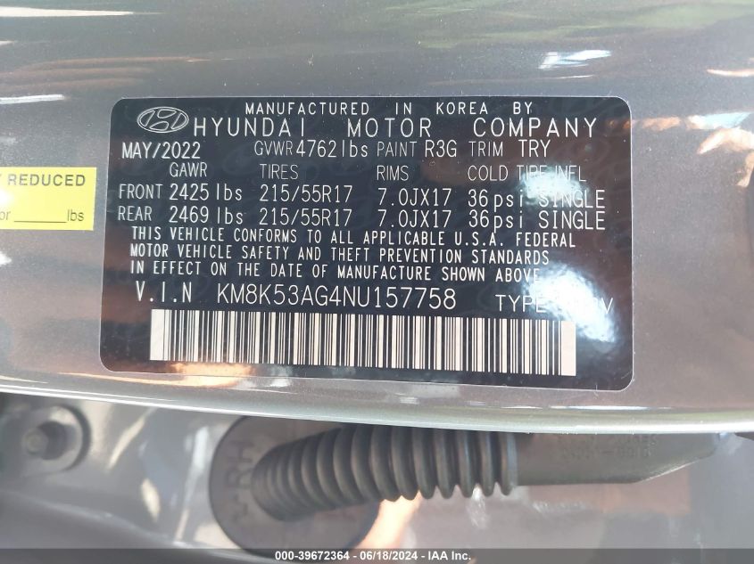 2022 Hyundai Kona Electric Limited VIN: KM8K53AG4NU157758 Lot: 39672364