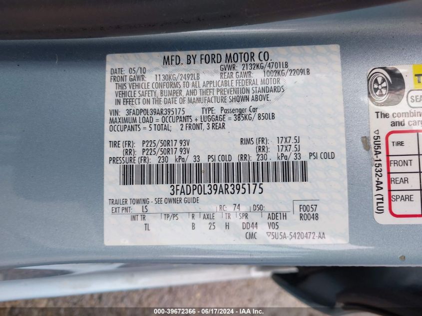2010 Ford Fusion Hybrid VIN: 3FADP0L39AR395175 Lot: 39672366