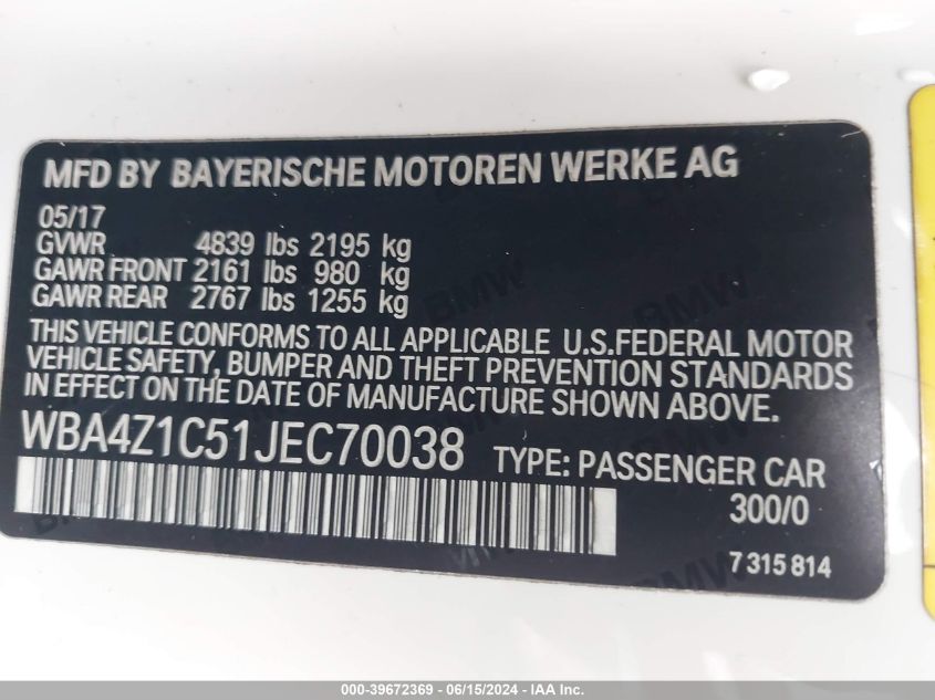 2018 BMW 430I VIN: WBA4Z1C51JEC70038 Lot: 39672369