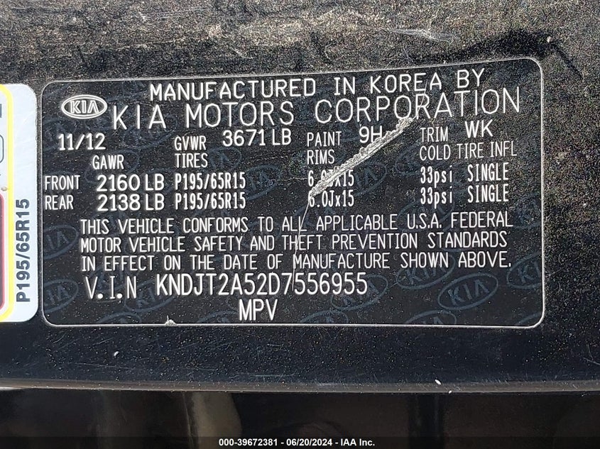 2013 Kia Soul VIN: KNDJT2A52D7556955 Lot: 39672381