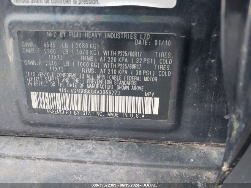 2010 Subaru Outback 2.5I Limited VIN: 4S4BRBKC4A3356223 Lot: 39672389