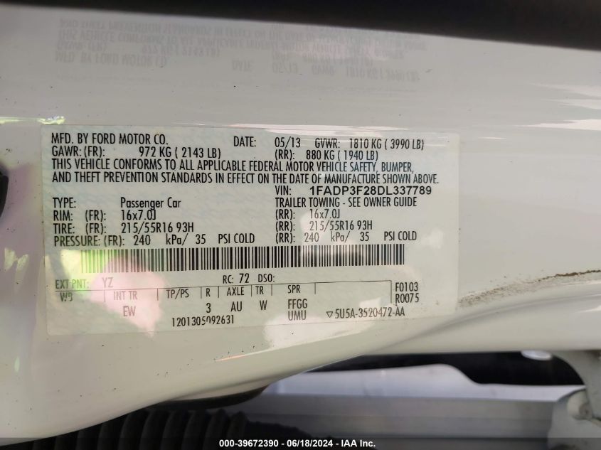 2013 Ford Focus Se VIN: 1FADP3F28DL337789 Lot: 39672390