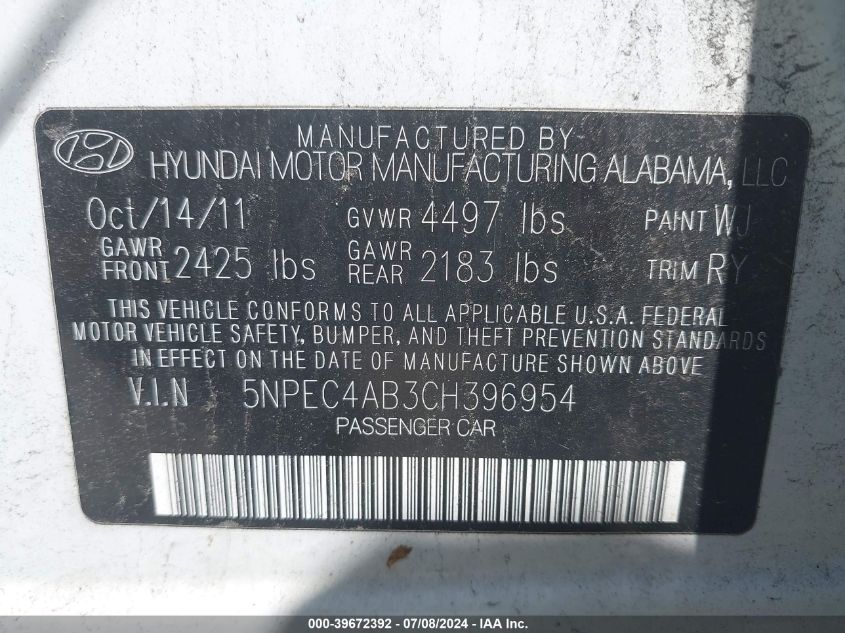 2012 Hyundai Sonata Limited 2.0T VIN: 5NPEC4AB3CH396954 Lot: 39672392