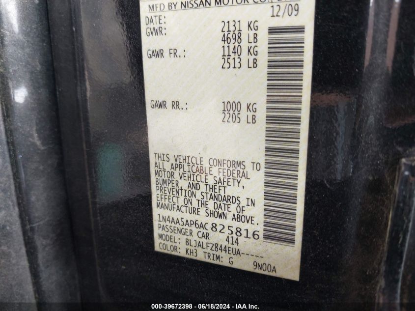 2010 Nissan Maxima 3.5 Sv VIN: 1N4AA5AP6AC825816 Lot: 39672398