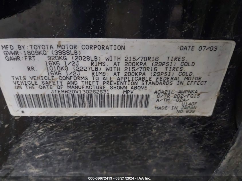 2003 Toyota Rav4 VIN: JTEHH20V130262631 Lot: 39672419