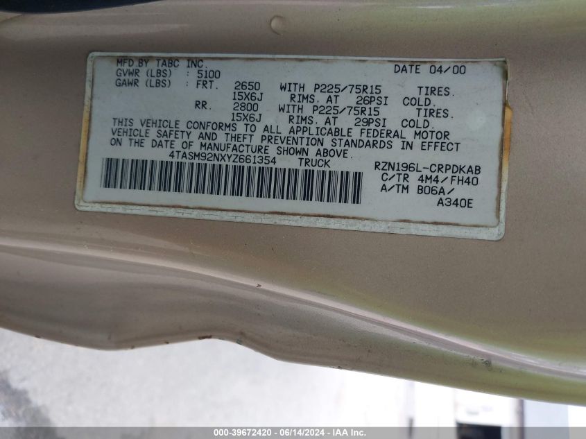 2000 Toyota Tacoma Prerunner VIN: 4TASM92NXYZ661354 Lot: 39672420