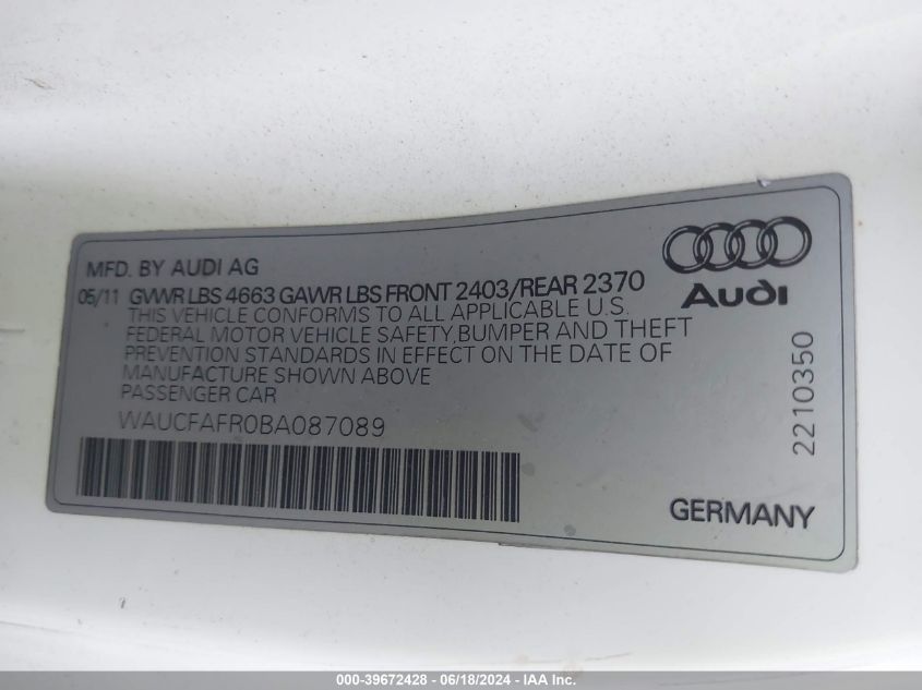 2011 Audi A5 2.0T Premium VIN: WAUCFAFR0BA087089 Lot: 39672428