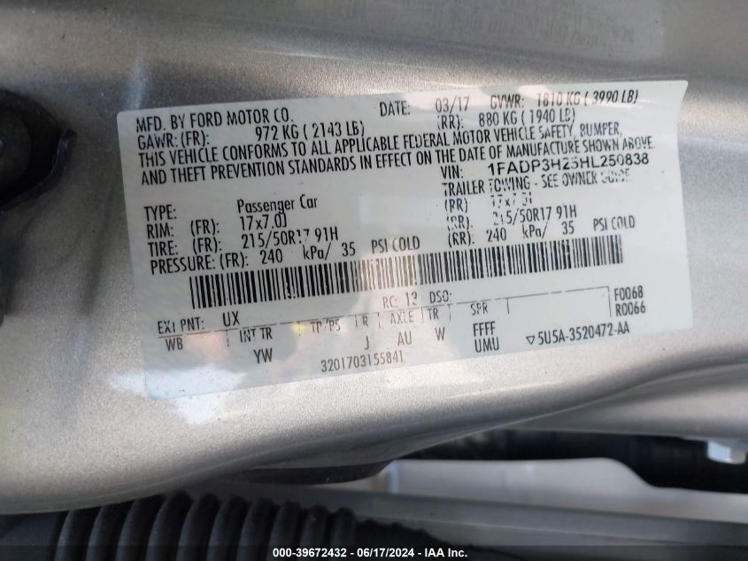 1FADP3H25HL250838 2017 Ford Focus Sel