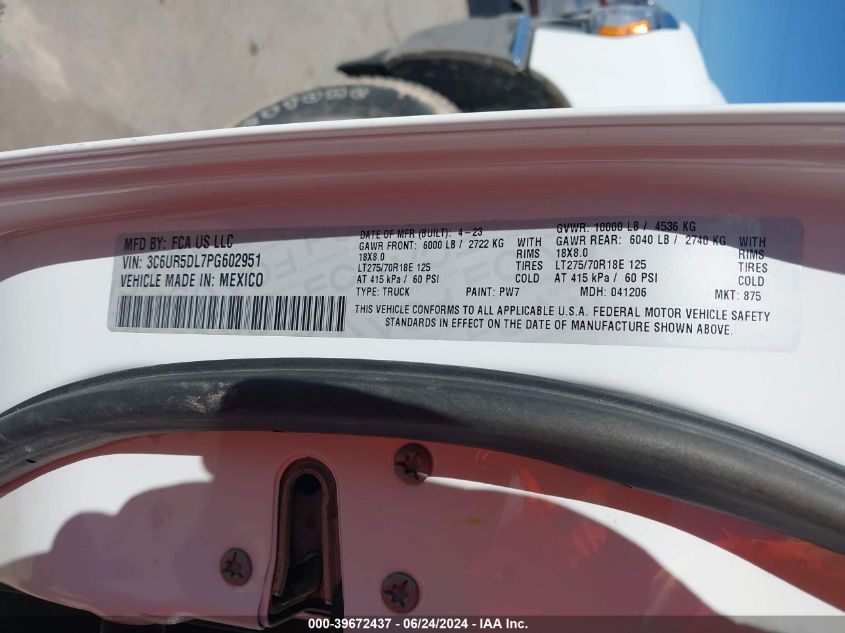 2023 Ram 2500 Big Horn 4X4 6'4 Box VIN: 3C6UR5DL7PG602951 Lot: 39672437