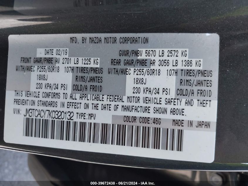 2019 MAZDA CX-9 TOURING - JM3TCACY7K0320132