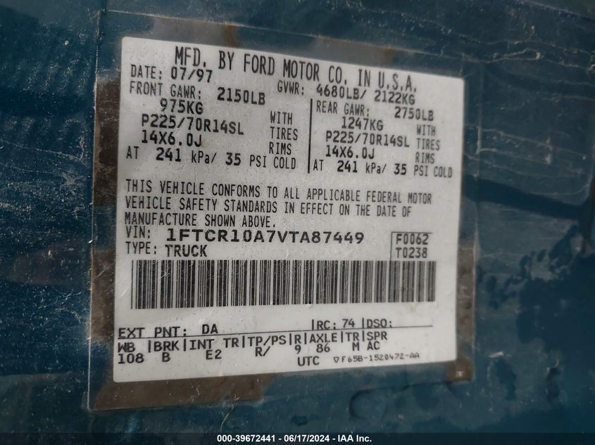 1997 Ford Ranger Splash/Xl/Xlt VIN: 1FTCR10A7VTA87449 Lot: 39672441
