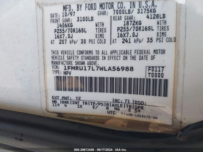 1998 Ford Expedition Eddie Bauer/Xlt VIN: 1FMRU17L7WLA56988 Lot: 39672456