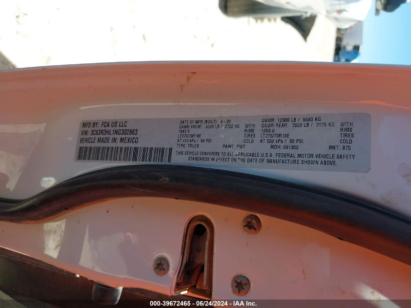 2022 Ram 3500 Big Horn 4X4 8' Box VIN: 3C63R3HL1NG302863 Lot: 39672465