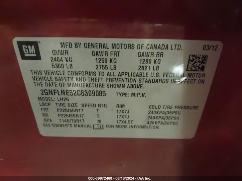 2012 Chevrolet Equinox 2Lt VIN: 2GNFLNE52C6309085 Lot: 39672468