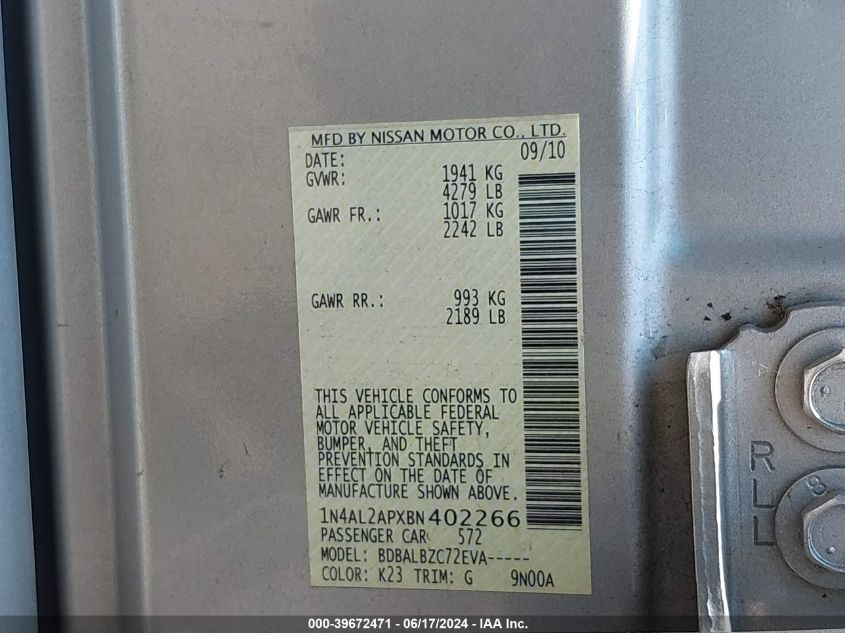 2011 Nissan Altima 2.5 S VIN: 1N4AL2APXBN402266 Lot: 39672471