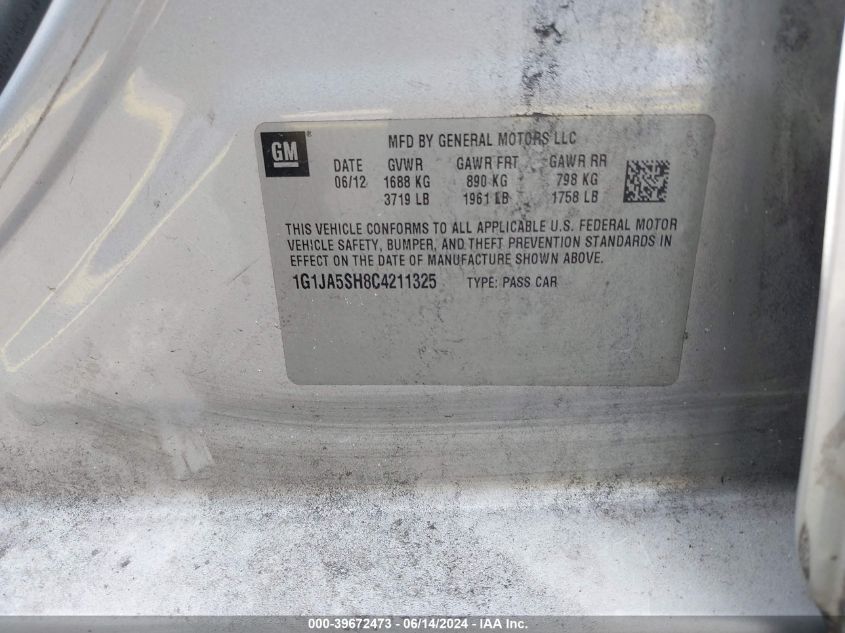 2012 Chevrolet Sonic 2Ls VIN: 1G1JA5SH8C4211325 Lot: 39672473