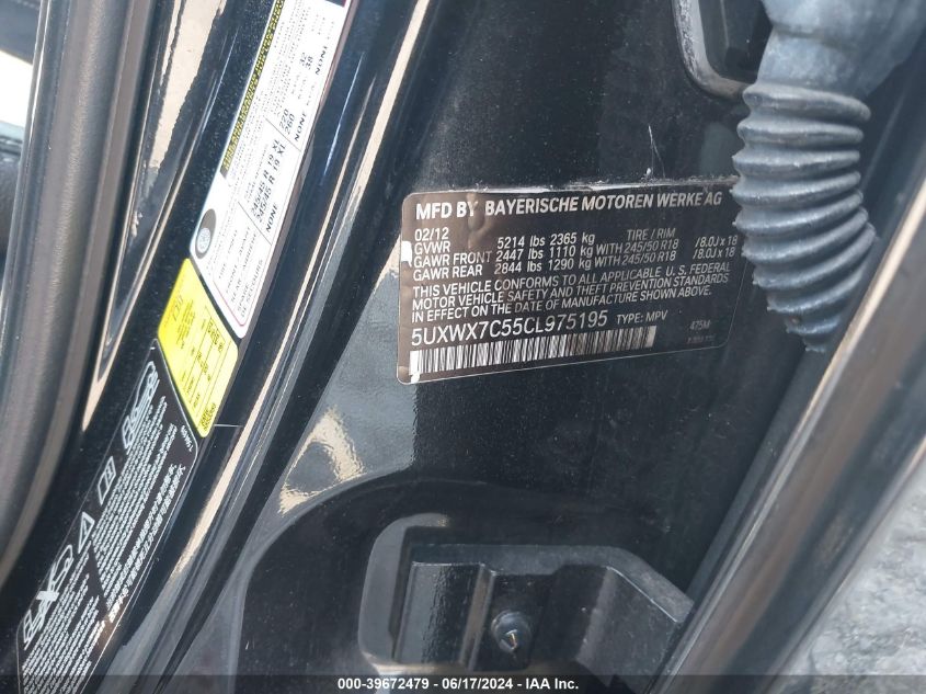 2012 BMW X3 xDrive35I VIN: 5UXWX7C55CL975195 Lot: 39672479