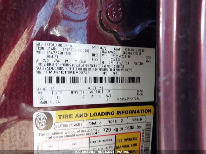 2021 Ford Expedition Limited Max VIN: 1FMJK1KT1MEA09743 Lot: 39672487