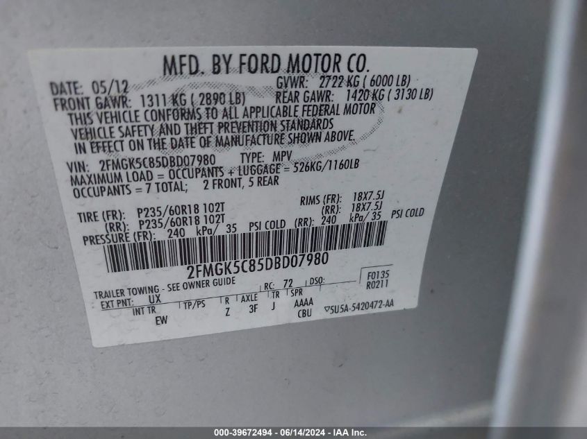 2013 Ford Flex Sel VIN: 2FMGK5C85DBD07980 Lot: 39672494