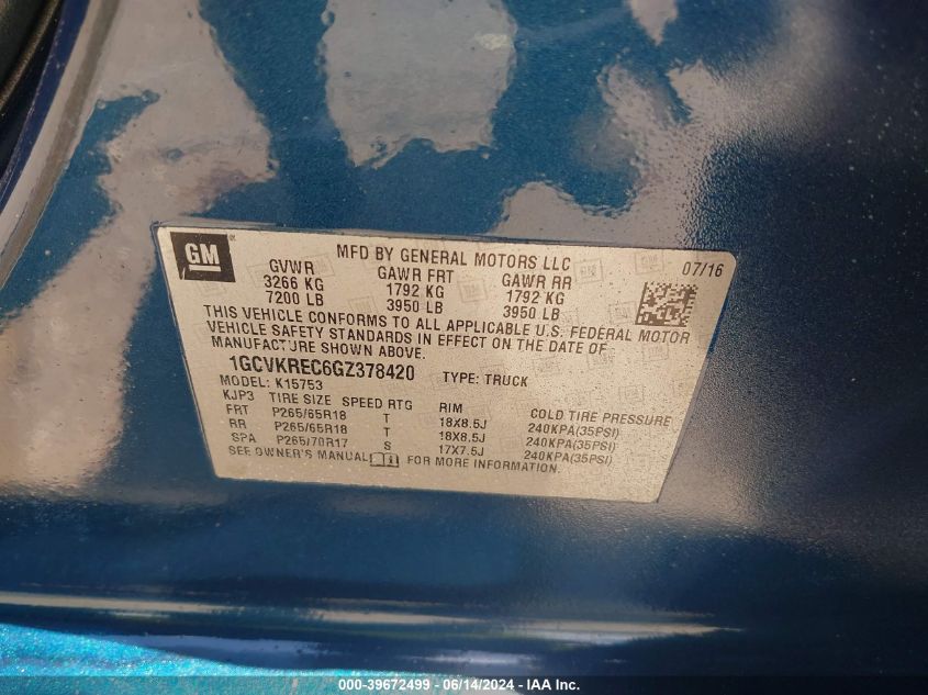 2016 Chevrolet Silverado 1500 2Lt VIN: 1GCVKREC6GZ378420 Lot: 39672499