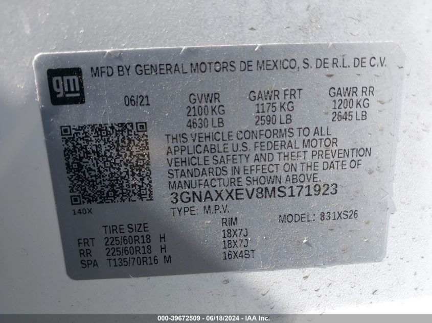 2021 Chevrolet Equinox Awd Premier VIN: 3GNAXXEV8MS171923 Lot: 39672509