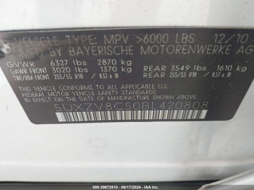 2011 BMW X5 xDrive50I VIN: 5UXZV8C50BL420808 Lot: 39672510