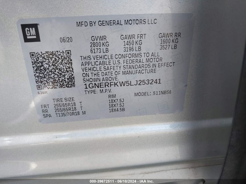 2020 Chevrolet Traverse Fwd Ls VIN: 1GNERFKW5LJ253241 Lot: 39672511