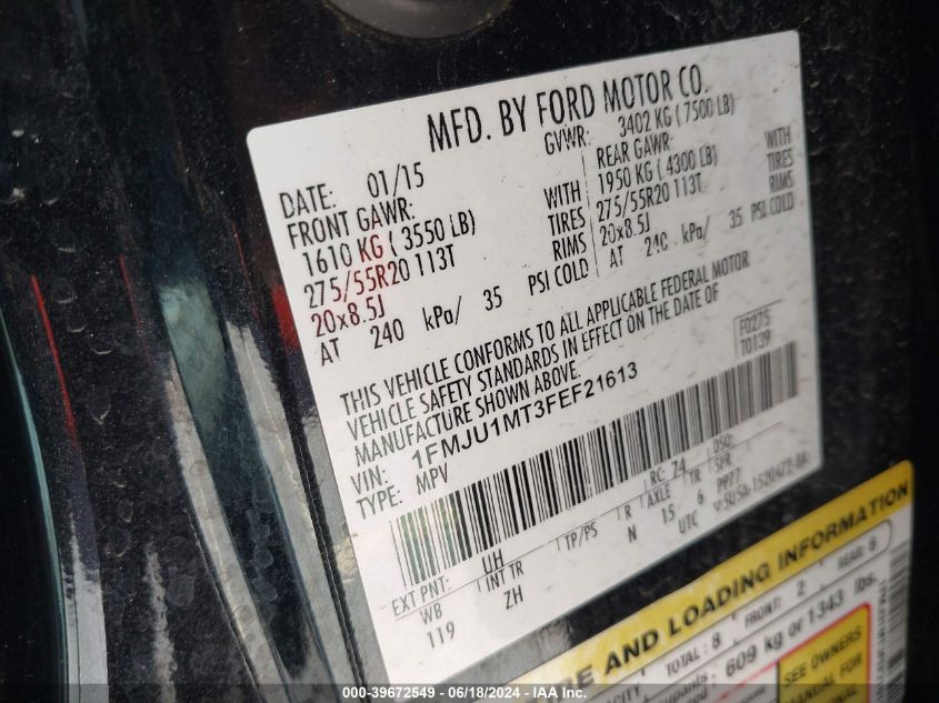 2015 Ford Expedition Platinum VIN: 1FMJU1MT3FEF21613 Lot: 39672549