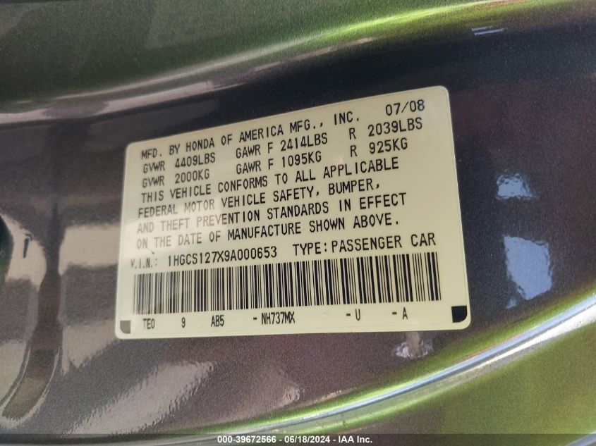 2009 Honda Accord 2.4 Ex VIN: 1HGCS127X9A000653 Lot: 39672566
