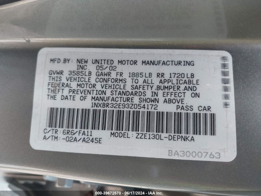 2003 Toyota Corolla Le VIN: 1NXBR32E93Z054172 Lot: 39672570