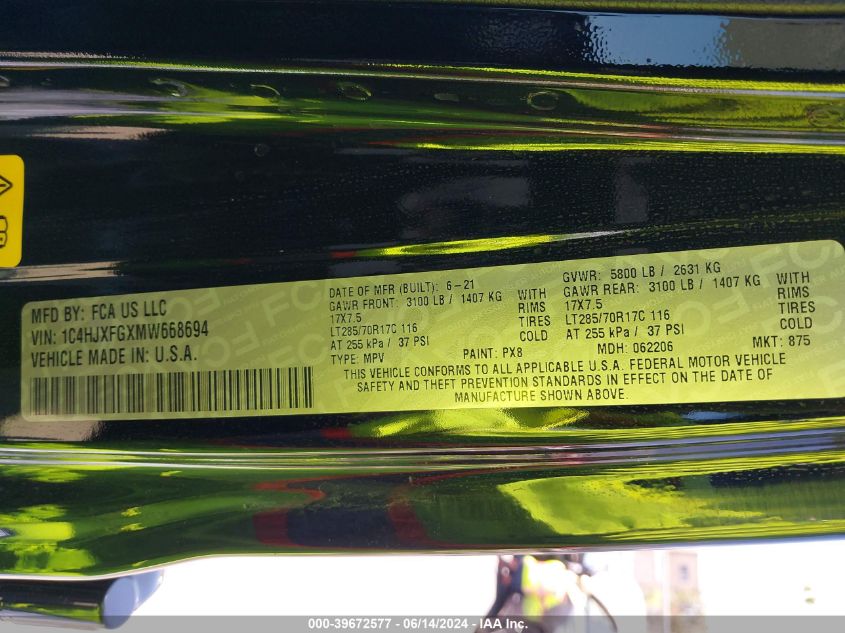 2021 Jeep Wrangler Unlimited Rubicon 4X4 VIN: 1C4HJXFGXMW668694 Lot: 39672577