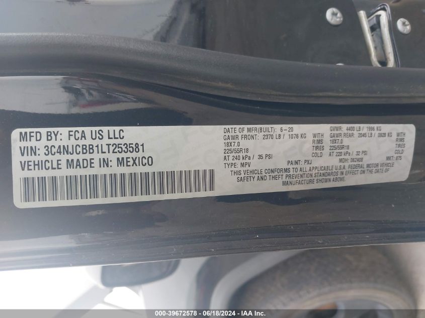 2020 Jeep Compass Altitude Fwd VIN: 3C4NJCBB1LT253581 Lot: 39672578