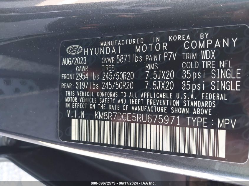 2024 Hyundai Palisade Calligraphy VIN: KM8R7DGE5RU675971 Lot: 39672579