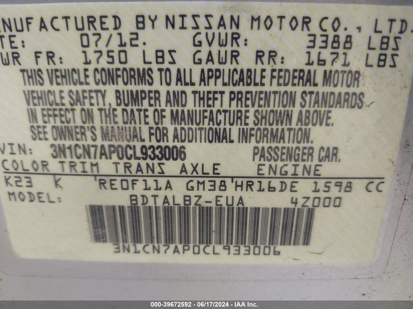 2012 Nissan Versa 1.6 Sv VIN: 3N1CN7AP0CL933006 Lot: 39672592