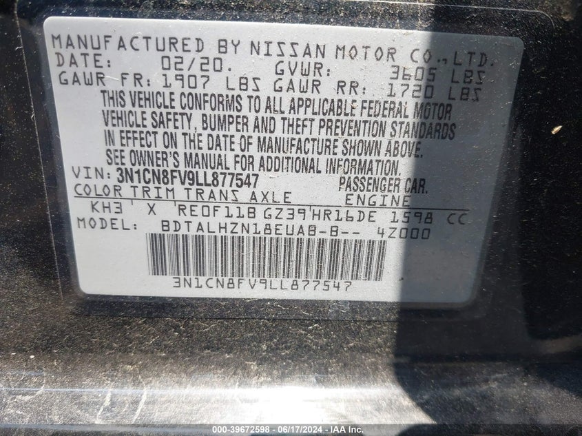 2020 Nissan Versa Sr Xtronic Cvt VIN: 3N1CN8FV9LL877547 Lot: 39672598